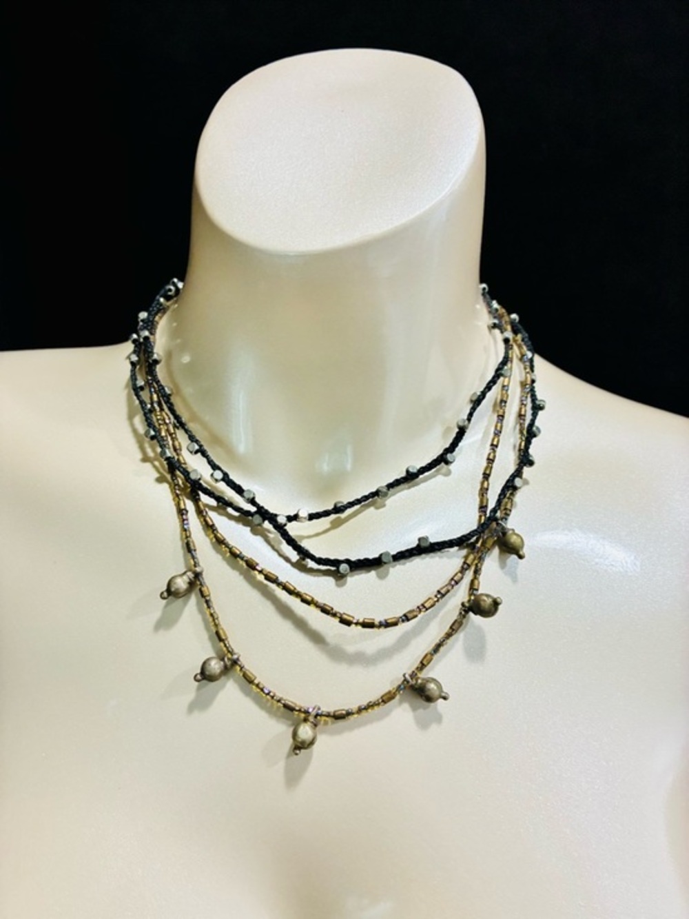 Macramé Layered Beaded Multi-Strand Necklace in Black and Gold - Unbranded EUC